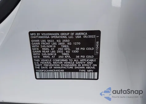 2022 Volkswagen Atlas 2.0T Se из США, поврежденный, VIN 1V2DP2CA4NC549248